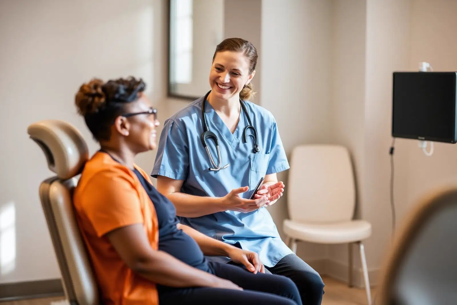 Medical provider discussing a treatment plan with a seated patient in an exam room
