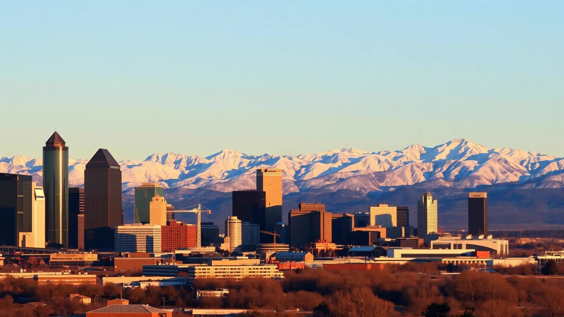Denver skyline with the snow-capped Rocky Mountains behind it