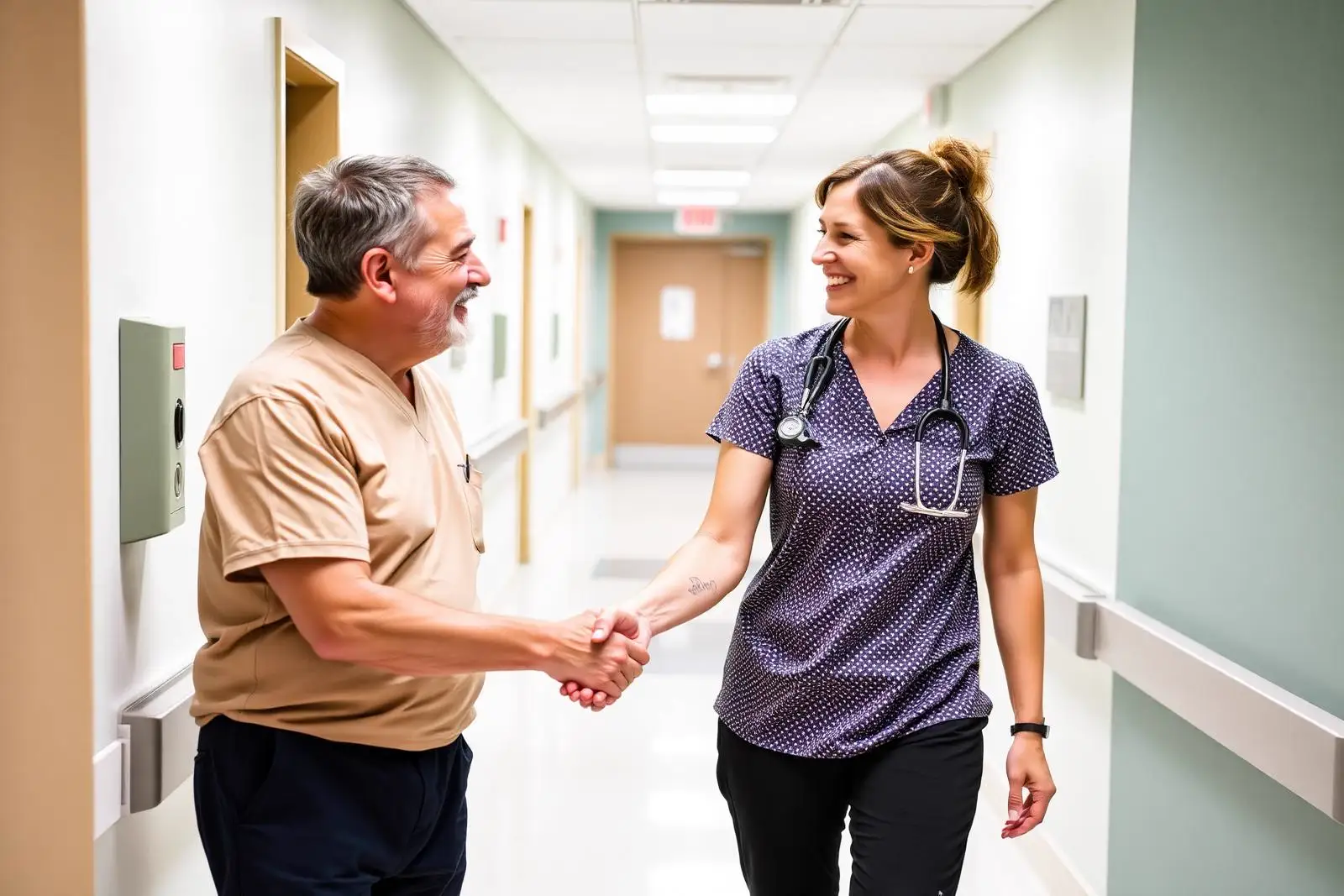 Smiling patient shaking hands with a physical therapist after finishing care