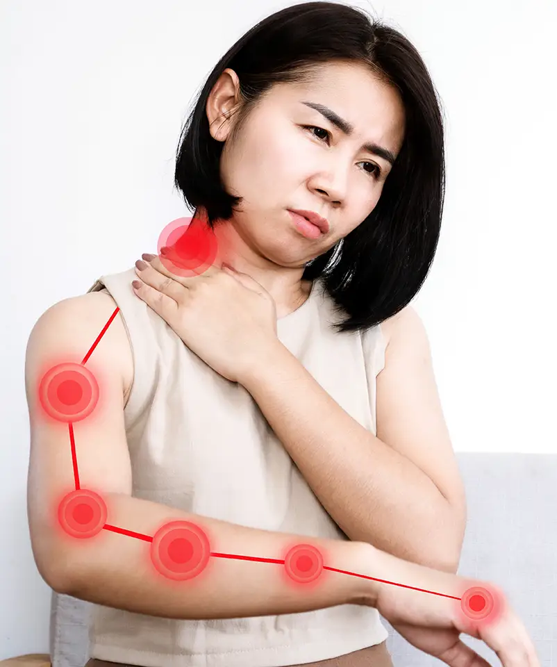 Woman with radiating arm pain from herniated disc